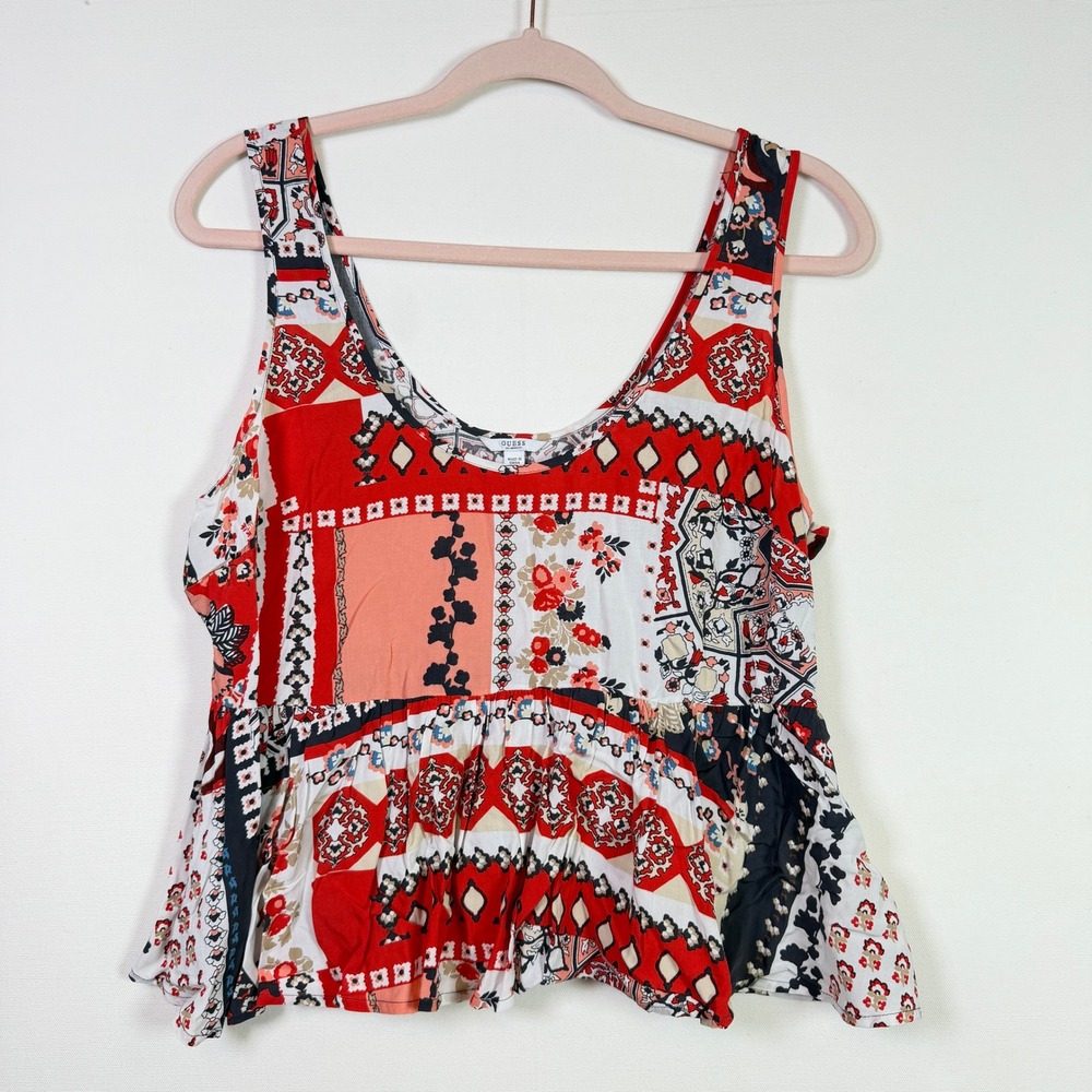 GUESS Multicolor Tapestry Patchwork Peplum Tank Top L